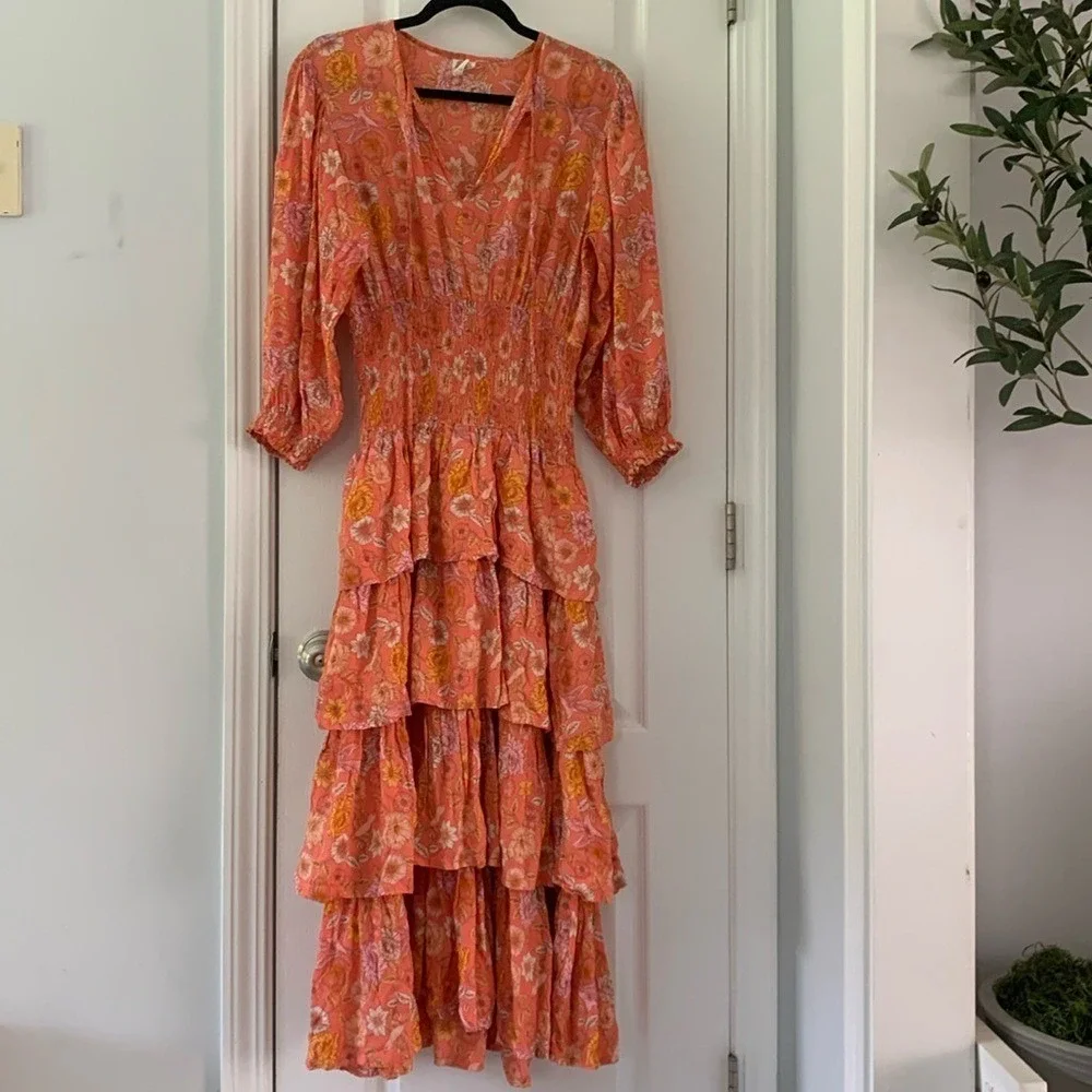 ELF Wrap Dress made by hand Size L birds Floral print ruffle smocked waist tie - Picture 2 of 16
